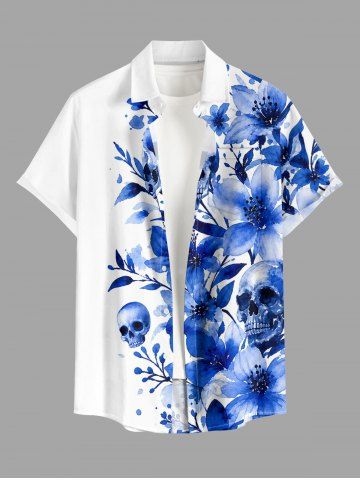 Chemise hawaïenne pour homme à imprimé aquarelle crânes et fleurs, avec boutons et poche - BLUE - 6XL