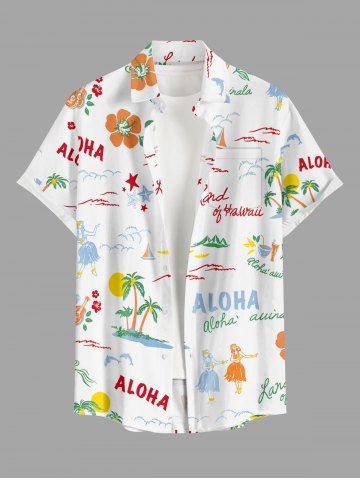 Coconut Tree Flower Sun Print Buttons Pocket Hawaii Shirt For Men - WHITE - 3XL