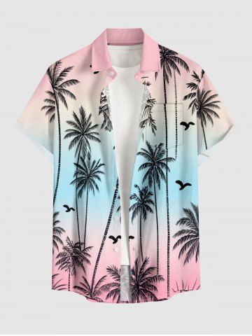 Coconut Tree Ombre Print Buttons Pocket Hawaii Shirt For Men - PINK - 4XL