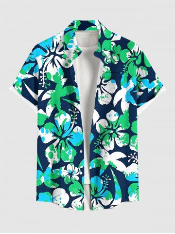 Chemise hawaïenne pour homme à imprimé cocotier et fleur d'hibiscus, avec boutons et poche - PEACOCK BLUE - 4XL