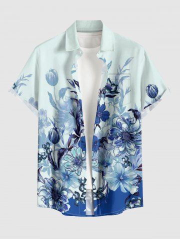 Chemise hawaïenne pour homme à imprimé fleurs et feuilles, avec boutons et poche - BLUE - 6XL