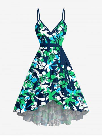 Coconut Tree Hibiscus Flower Print Hawaii Ruffles Tulip Hem Surplice Beach Cover Dress With Belt - PEACOCK BLUE - XXXL