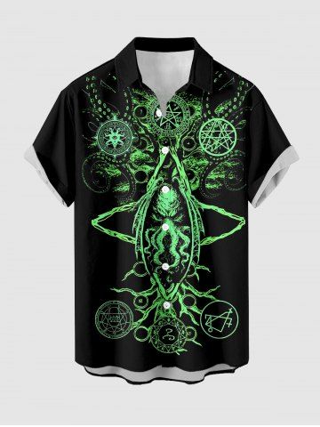 Chemise hawaïenne à boutons avec poche pour homme, imprimé pieuvre et symbole mystérieux - GREEN - XL