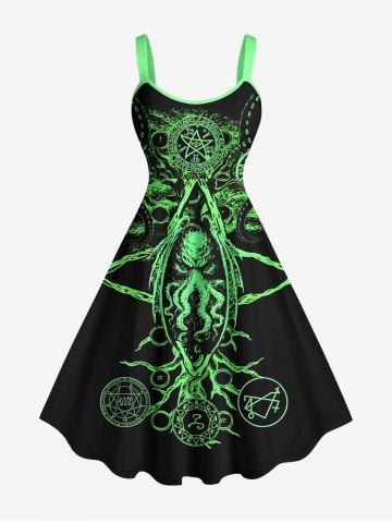 Mysterious Symbol Octopus Print Hawaii A Line Dress - GREEN - 6X