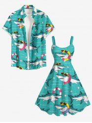 Ensemble de plage hawaïen assorti pour couple, imprimé requins, bouées et étoiles de mer - Turquoise 