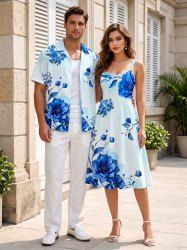 Flower Leaf Branch Print Matching Hawaii Beach Outfit For Couples -  