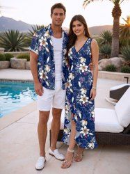 Tropical Leaf Flower Branch Print Matching Hawaii Beach Outfit For Couples -  