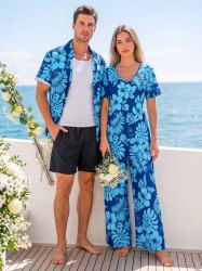 Tropical Leaf Hibiscus Flower Print Matching Hawaii Beach Outfit For Couples -  