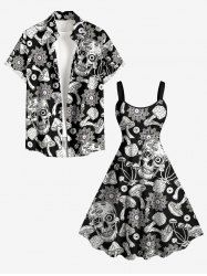 Tenue assortie pour couples à imprimé crânes champignons plantes - Noir 