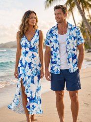 Flowers Print Matching Hawaii Beach Outfit For Couples -  