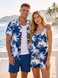 Matching Hawaii Shirt and Romper Beach Outfit Coconut Tree Print For Couples -  