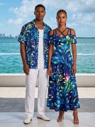 Tenue de plage hawaïenne assortie pour couple à imprimé Galaxy feuilles et fleurs colorées - Bleu profond 