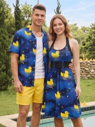 Ensemble de plage hawaïen assorti pour couples à motif Duck Galaxy - Bleu de Minuit 