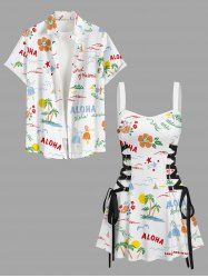 Tenue de plage hawaïenne assortie pour couples avec imprimé cocotier, fleurs et soleil - Blanc 