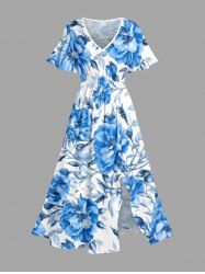 Robe midi hawaïenne fendue à imprimé fleurs et feuilles - Bleu Ciel 4X