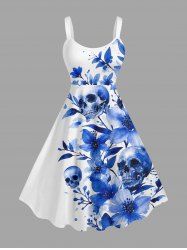 Robe débardeur hawaïenne à imprimé aquarelle de crânes et de fleurs (bretelles réglables) - Bleu 1X