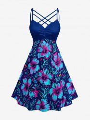 Robe hawaïenne à imprimé fleurs et feuilles d'hibiscus, bretelles en croisillons et fronces - Bleu profond M