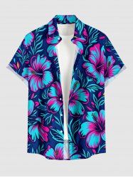Chemise hawaïenne pour homme à imprimé fleurs et feuilles d'hibiscus, avec boutons et poche - Bleu profond 3XL