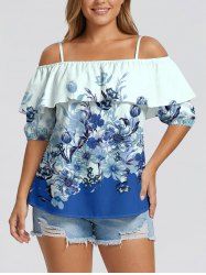 Flower Leaf Print Hawaii Ruffles Cold Shoulder Blouse -  