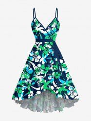 Robe de plage portefeuille à imprimé cocotier et fleurs d'hibiscus, volants, ourlet tulipe, style Hawaï, avec ceinture - Paon Bleu XXXL
