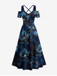 Flowers Leaf Print Cold Shoulder Crisscross Hawaii Maxi Dress -  