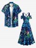 Tenue de plage hawaïenne assortie pour couple à imprimé Galaxy feuilles et fleurs colorées - Bleu profond 