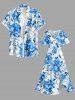 Robe midi hawaïenne fendue à imprimé fleurs et feuilles - Bleu Ciel 4X