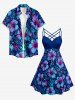 Robe hawaïenne à imprimé fleurs et feuilles d'hibiscus, bretelles froncées entrecroisées - Bleu profond 6X