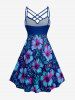 Robe hawaïenne à imprimé fleurs et feuilles d'hibiscus, bretelles froncées entrecroisées - Bleu profond 6X
