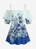 Chemisier hawaïen à volants et épaules dénudées, imprimé fleurs et feuilles - Bleu 5XL