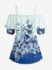 Chemisier hawaïen à volants et épaules dénudées, imprimé fleurs et feuilles - Bleu 5XL