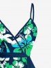 Robe de plage portefeuille à imprimé cocotier et fleurs d'hibiscus d'Hawaï, volants, ourlet tulipe, avec ceinture - Paon Bleu L