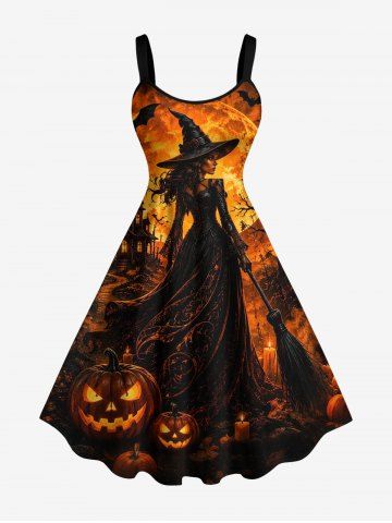 Robe débardeur à imprimé sorcier citrouille château chauve-souris Halloween (bretelles réglables) - BURNT ORANGE - 1X