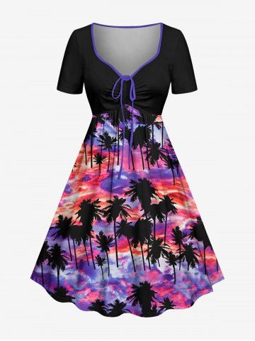Coconut Tree Colorful Cloud Print Cinched Hawaii Dress - PURPLE - XS
