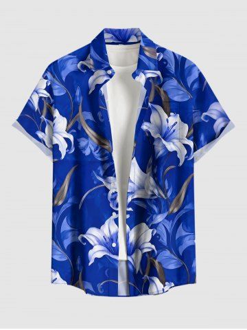 Flowers Leaf Print Buttons Pocket Hawaii Shirt For Men - BLUE - 6XL