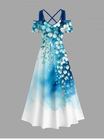 Flowers Leaf Ombre Print Cold Shoulder Crisscross Hawaii Maxi Dress