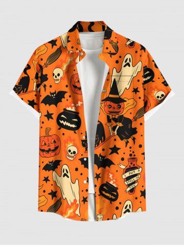 Halloween Pumpkin Witches Ghost Bat Skulls Print Button Pocket Shirt For Men - ORANGE - XL