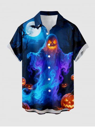 Chemise homme pour Halloween, à imprimé citrouille, fantôme, chauve-souris et lune, avec poche boutonnée