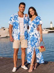 Tenue assortie de plage hawaïenne à imprimé fleurs et feuilles pour couples - Bleu Ciel 