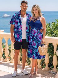 Hibiscus Flower Leaf Print Matching Hawaii Beach Outfit For Couples -  