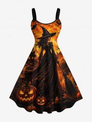 Robe débardeur Halloween à imprimé sorcier, château de citrouille et chauve-souris (bretelles réglables) - Orange Foncé XS