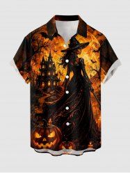 Halloween Wizard Pumpkin Castle Bat Print Buttons Pocket Shirt For Men -  