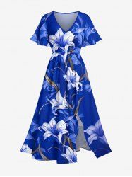 Robe midi hawaïenne fendue à imprimé fleurs et feuilles - Bleu XXS