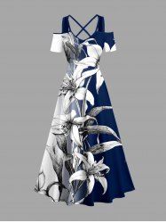 Flower Leaf Colorblock Print Cold Shoulder Crisscross Hawaii Maxi Dress -  