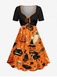 Halloween Pumpkin Witches Ghost Bat Skulls Print Cinched A Line Dress -  