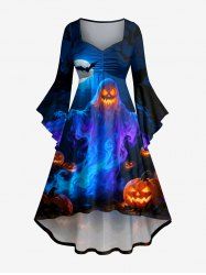 Halloween Pumpkin Ghost Bat Moon Print Ruched High Low Asymmetric Dress -  