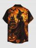 Halloween Wizard Pumpkin Castle Bat Print Buttons Pocket Shirt For Men -  