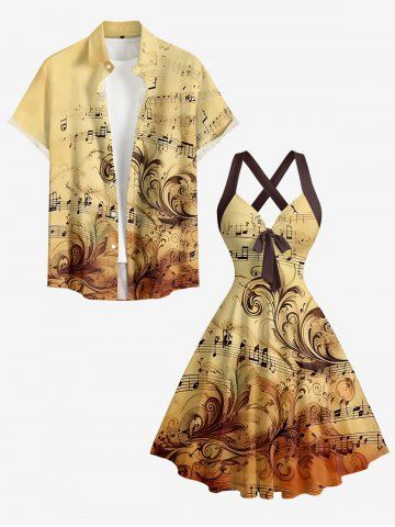 Flower Music Symbol Print Matching Hawaii Beach Outfit For Couples - LIGHT COFFEE