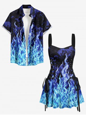 Fire Flame Ombre Galaxy Print Matching Hawaii Beach Outfit For Couples - LAKE BLUE
