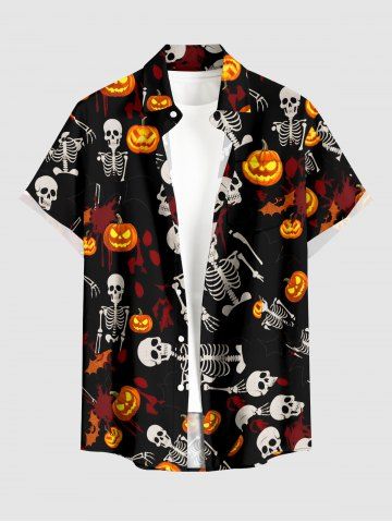 Chemise homme à imprimé Halloween citrouille, crâne, squelette, chauve-souris et éclaboussures de peinture, avec boutons et poche - BLACK - M